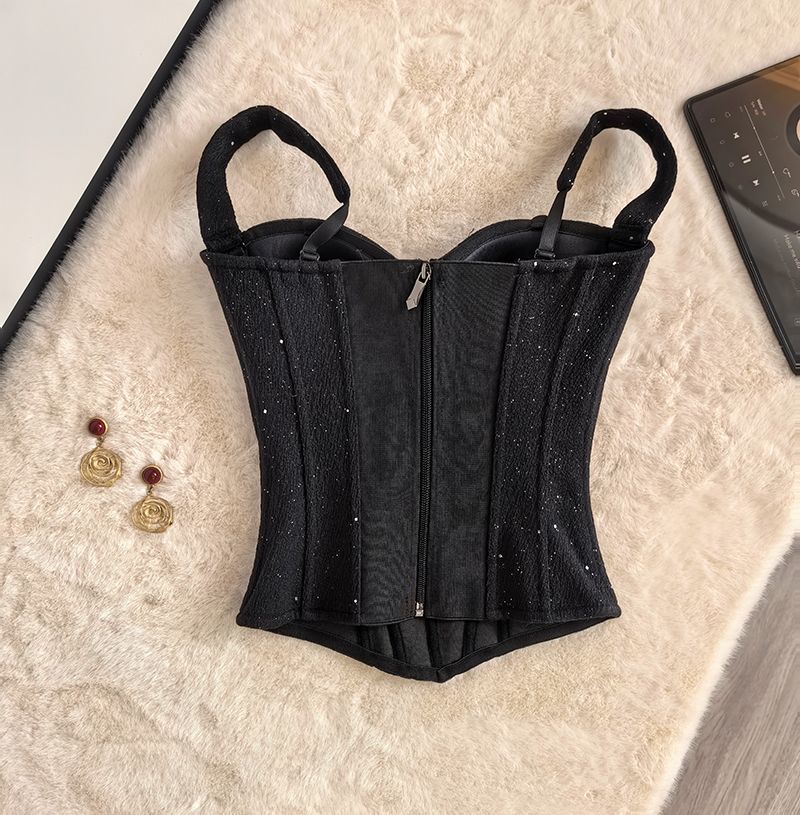 Black Sparkle Bustier Corset Top - Fishbone Strap Vest Elegant Slim Corset